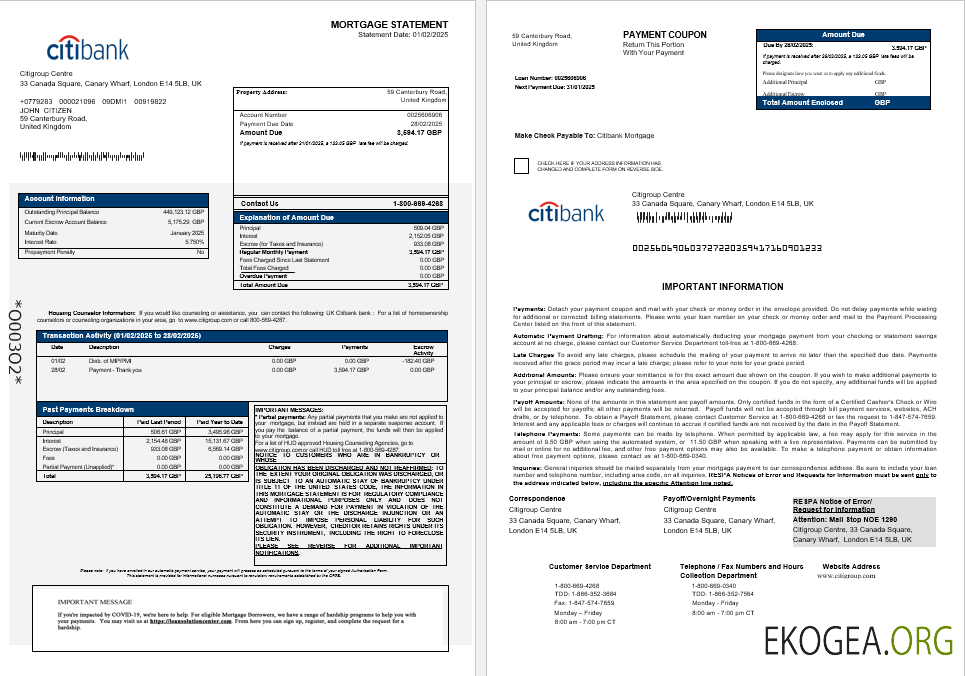 Royaume , Uni Relevé hypothécaire de la banque Citibank aux formats Word et PDF 1 , 2